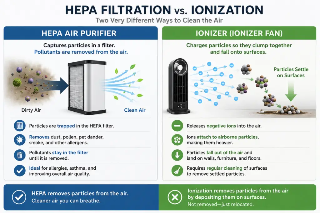 graphic explaining HEPA air purification vs ionization