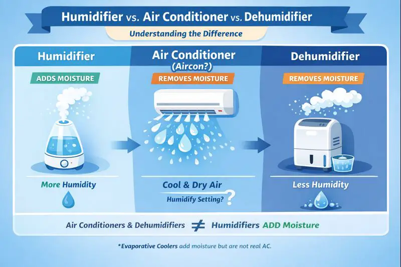 comparison chart showing the difference between a humidifier, air conditioner, and dehumidifier and how each affects indoor humidity 