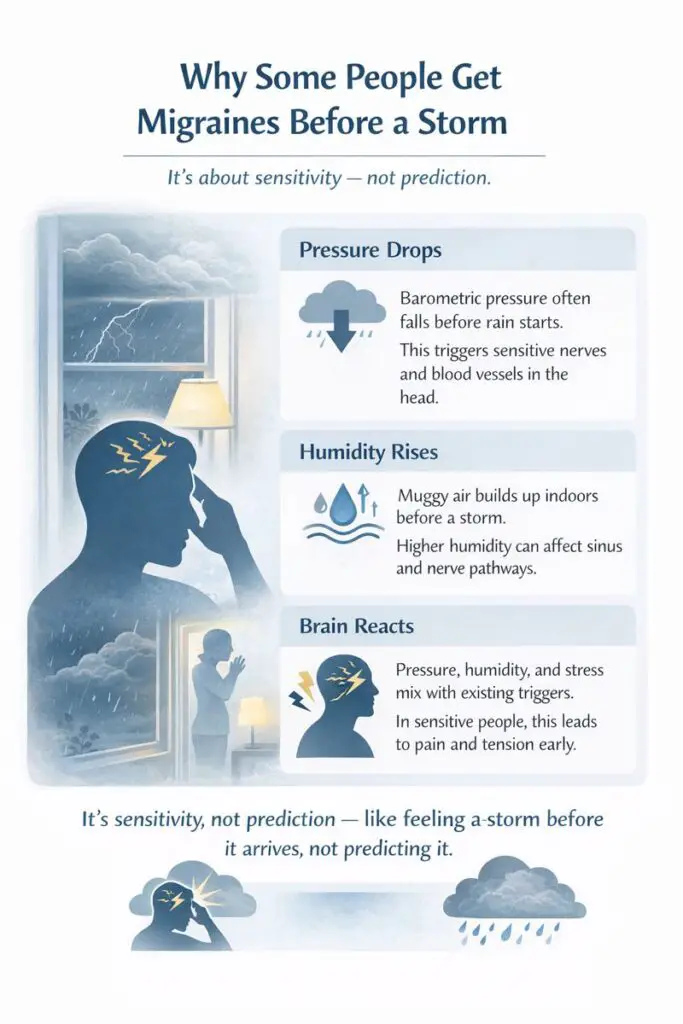 Explainer graphic showing how pressure changes and indoor air conditions can make migraines feel worse before storms 