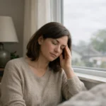 Person indoors holding their temple while looking out at an overcast sky, representing migraines that worsen before storms