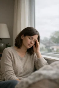 Person indoors holding their temple while looking out at an overcast sky, representing migraines that worsen before storms