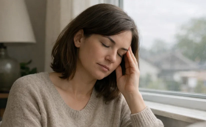Person indoors holding their temple while looking out at an overcast sky, representing migraines that worsen before storms