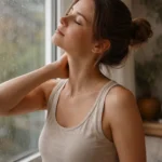 Person gently stretching their neck near a window on a rainy day, showing how neck pain can flare before rain