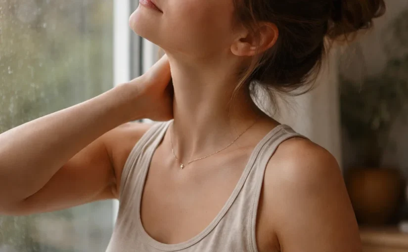 Person gently stretching their neck near a window on a rainy day, showing how neck pain can flare before rain