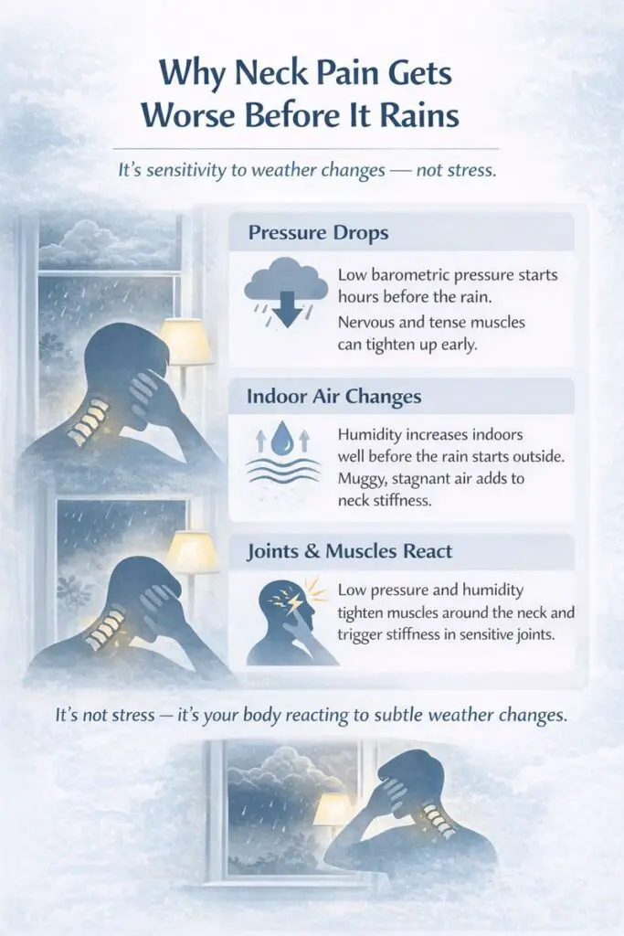 Explainer graphic showing how weather changes and indoor airflow can increase neck stiffness before rain