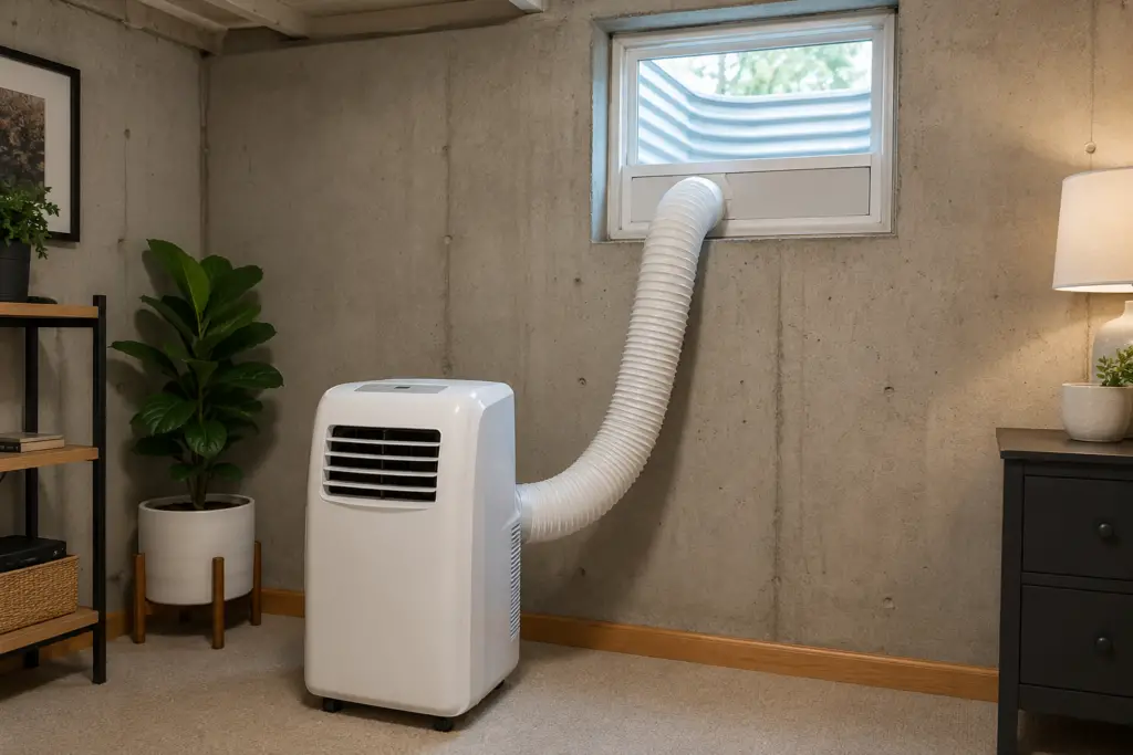 Portable air conditioner installed in a basement with the exhaust hose vented through a hopper window.