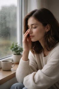 Person indoors touching their face near the sinuses while rain clouds gather outside, showing sinus pressure before rain