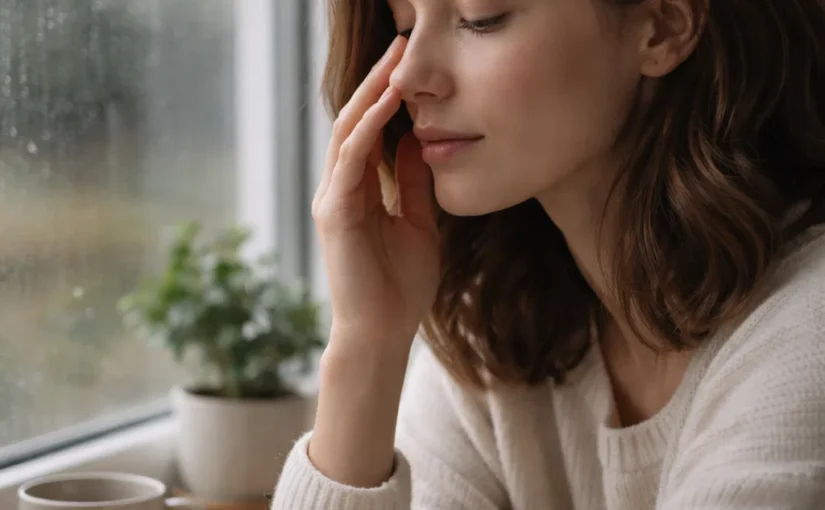 Person indoors touching their face near the sinuses while rain clouds gather outside, showing sinus pressure before rain