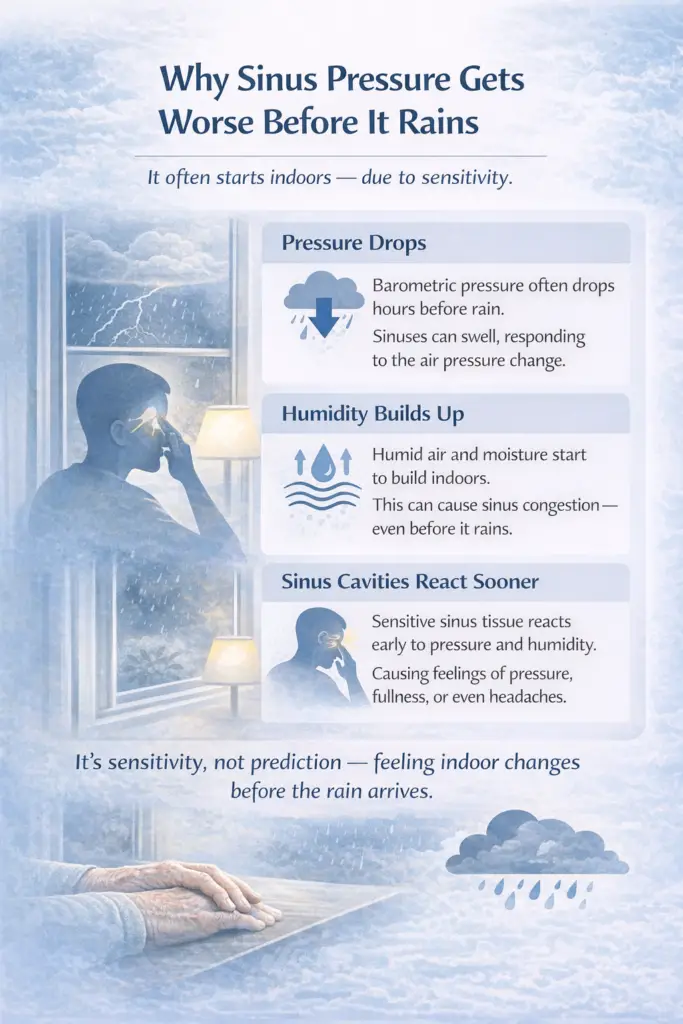 Explainer graphic showing how barometric pressure and indoor humidity can worsen sinus pressure before rain