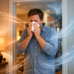 Person standing between rooms in a home with subtle airflow, representing sneezing fits caused by indoor air changes