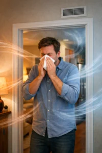 Person standing between rooms in a home with subtle airflow, representing sneezing fits caused by indoor air changes