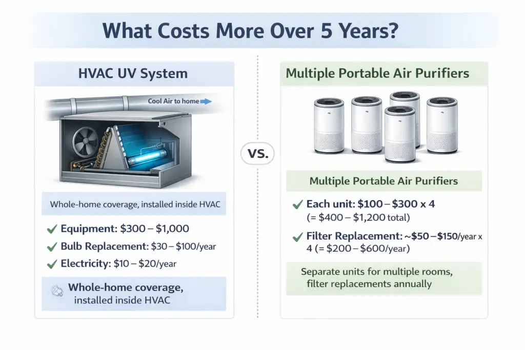 Cost comparison infographic showing HVAC UV system versus multiple portable air purifiers over five years, including equipment, replacement, and electricity expenses