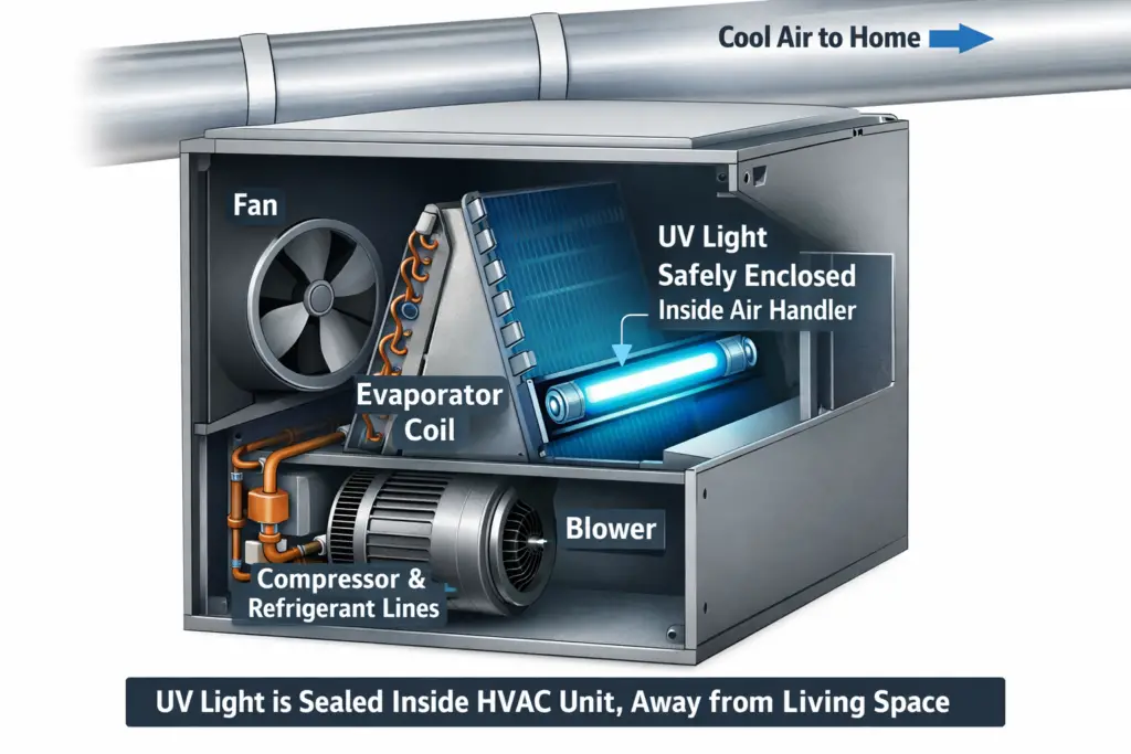 Diagram showing a UV light safely enclosed inside an HVAC air handler, positioned near the evaporator coil and sealed away from the living space