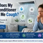 Why Air Conditioning Can Makes You Cough and What To Do About It Person coughing while sitting beneath a ceiling air vent with illustrations showing dry air, dust, allergens, and mold as possible causes.