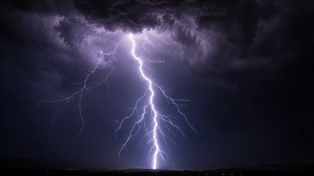 Close-up lightning strike during a thunderstorm, one of the natural ways ozone is created in the atmosphere.