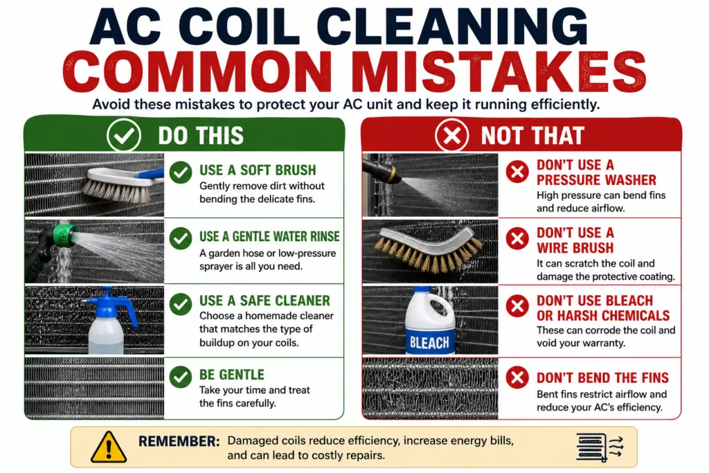 Common mistakes to avoid when cleaning AC evaporator and condenser coils