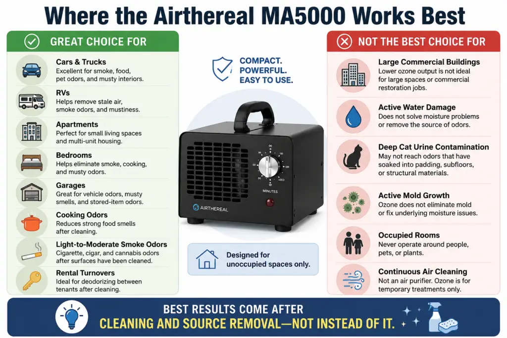 Infographic showing the best uses for the Airthereal MA5000 ozone generator, including cars, apartments, garages, smoke odors, cooking odors, and rental turnovers, along with situations where it is not recommended, such as active mold, water damage, and occupied spaces.