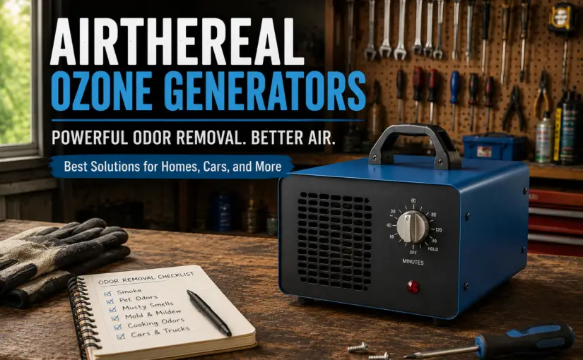 AI illustration of an Airthereal MA5000-style ozone generator on a workshop workbench representing our Airthereal MA5000 review.