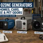 Three ozone generators compared on a workshop workbench for a buyer's guide, including the Enerzen O-888, Airthereal MA5000, and OdorStop OS2500UV