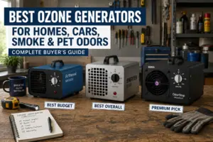 Three ozone generators compared on a workshop workbench for a buyer's guide, including the Enerzen O-888, Airthereal MA5000, and OdorStop OS2500UV