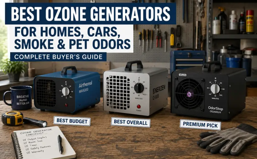 Three ozone generators compared on a workshop workbench for a buyer's guide, including the Enerzen O-888, Airthereal MA5000, and OdorStop OS2500UV