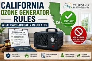 Guide to California CARB ozone generator regulations explaining certification requirements, ozone limits, and air cleaner compliance rules.