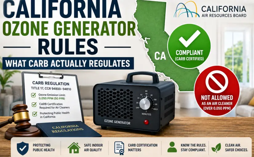 Guide to California CARB ozone generator regulations explaining certification requirements, ozone limits, and air cleaner compliance rules.