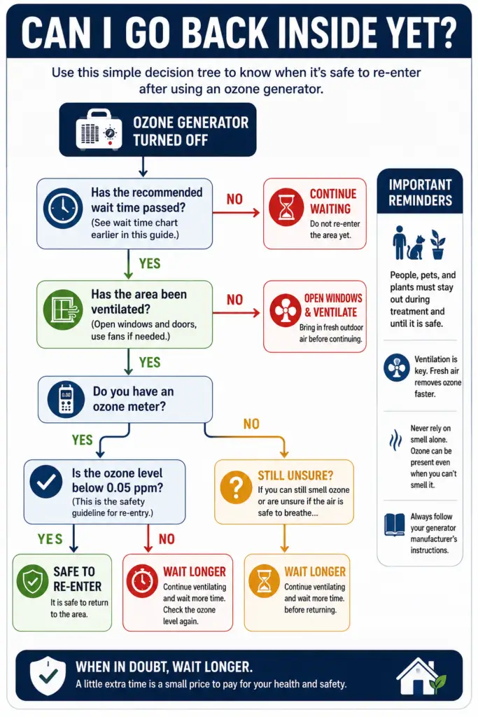 Decision tree showing how to determine when it is safe to re-enter a room after using an ozone generator.