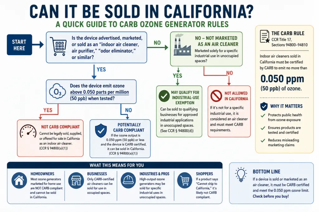 "California CARB compliance flowchart showing how ozone generators are evaluated for legal sale as air-cleaning devices.