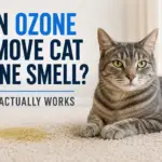 Cat lying on carpet beside a urine stain illustrating whether ozone can remove cat urine smell from a home.
