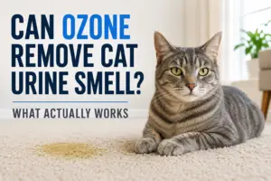 Cat lying on carpet beside a urine stain illustrating whether ozone can remove cat urine smell from a home.