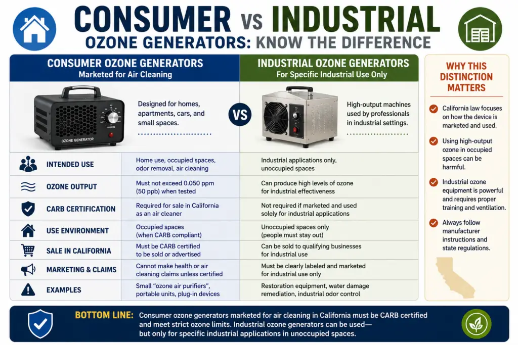 Consumer vs industrial ozone generator infographic explaining California CARB compliance, ozone limits, industrial-use exemptions, and approved applications.