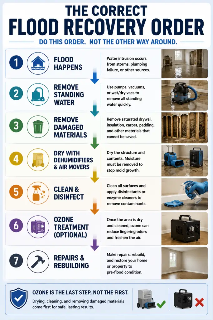 Flood cleanup process infographic showing why ozone treatment should be used after water removal, drying, dehumidification, and cleaning