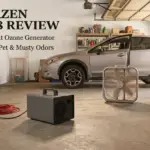 Editorial illustration of a high-output ozone generator in a residential garage after smoke and odor removal, representing our Enerzen O-888 review.