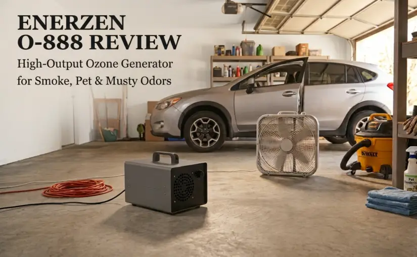 Editorial illustration of a high-output ozone generator in a residential garage after smoke and odor removal, representing our Enerzen O-888 review.