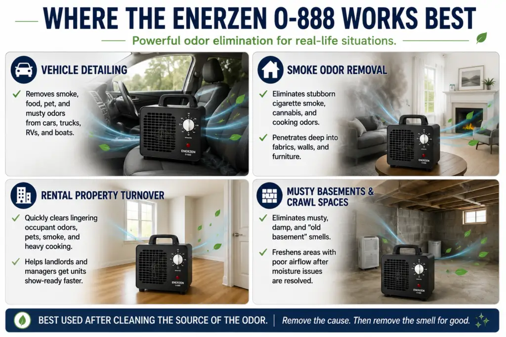 Infographic showing the best uses for the Enerzen O-888, including vehicle detailing, smoke odor removal, rental property turnovers, and musty basements.