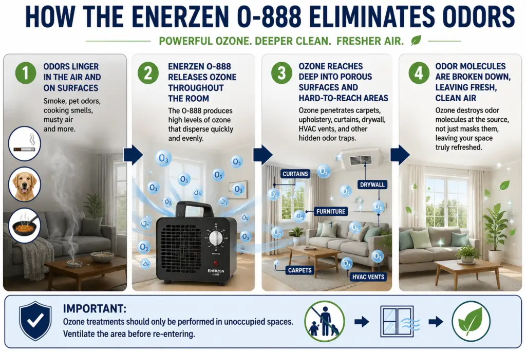 Infographic showing how the Enerzen O-888 ozone generator releases ozone to neutralize smoke, pet, cooking, and musty odors throughout a room.