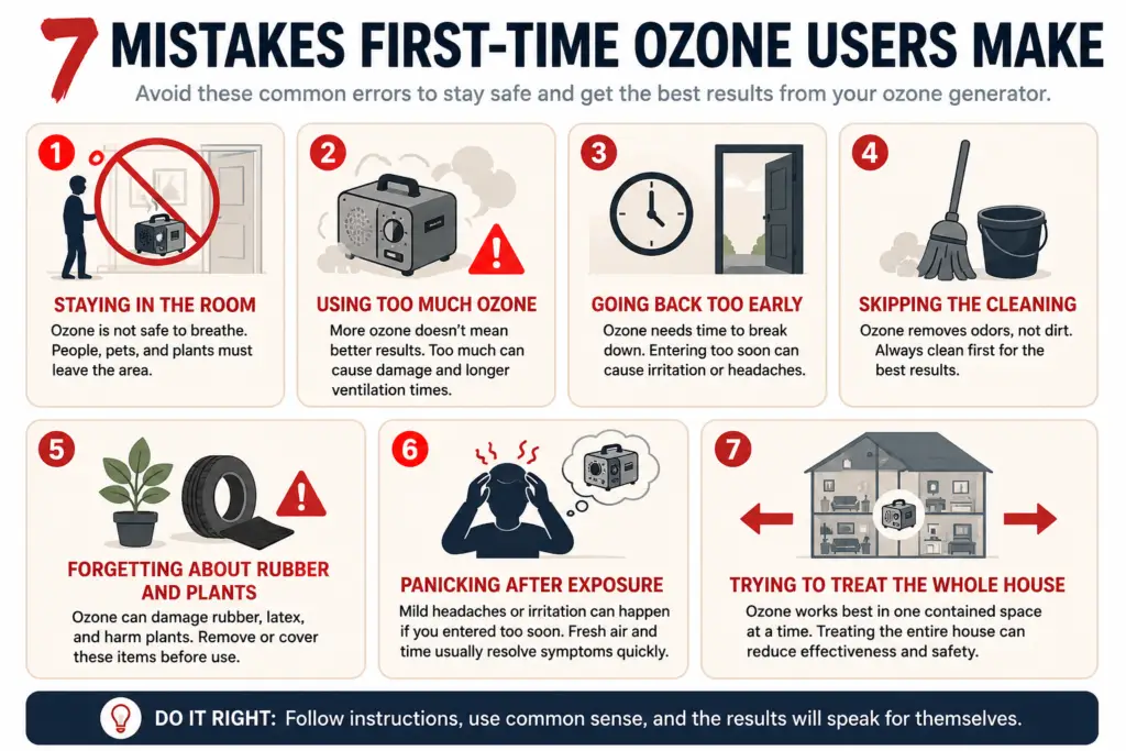 Infographic showing the seven most common mistakes first-time ozone generator users make and how to avoid them