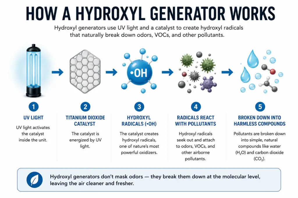 Infographic showing how a hydroxyl generator uses UV light and a catalyst to produce hydroxyl radicals that oxidize odor-causing compounds and VOCs.