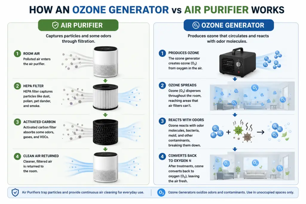 Side-by-side infographic showing how an air purifier filters airborne particles while an ozone generator produces ozone to neutralize odors in unoccupied spaces.