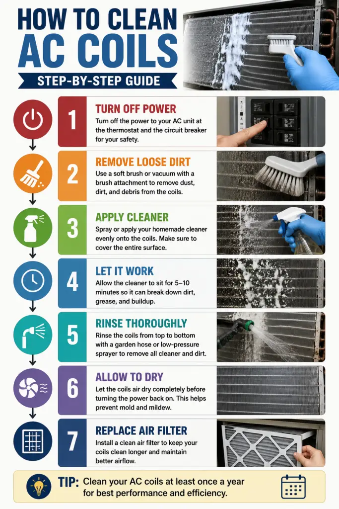 Step-by-step infographic showing how to safely clean AC coils