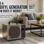 Editorial illustration of a hydroxyl generator operating in an occupied living space, representing a guide explaining how hydroxyl generators work for indoor odor removal.