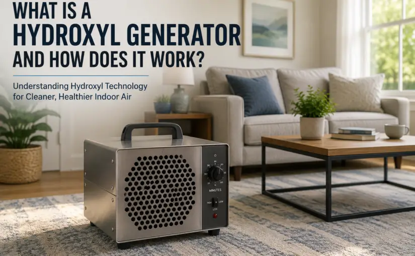 Editorial illustration of a hydroxyl generator operating in an occupied living space, representing a guide explaining how hydroxyl generators work for indoor odor removal.