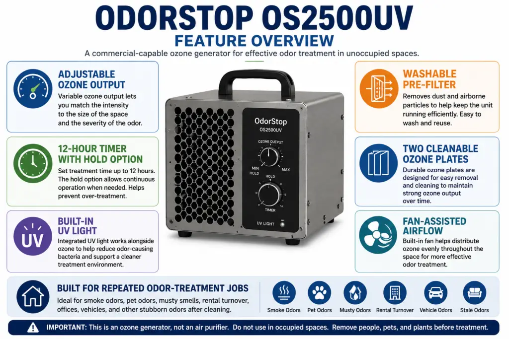 Illustration highlighting the main features of the OdorStop OS2500UV ozone generator including adjustable output, UV light, timer, washable filter, and ozone plates