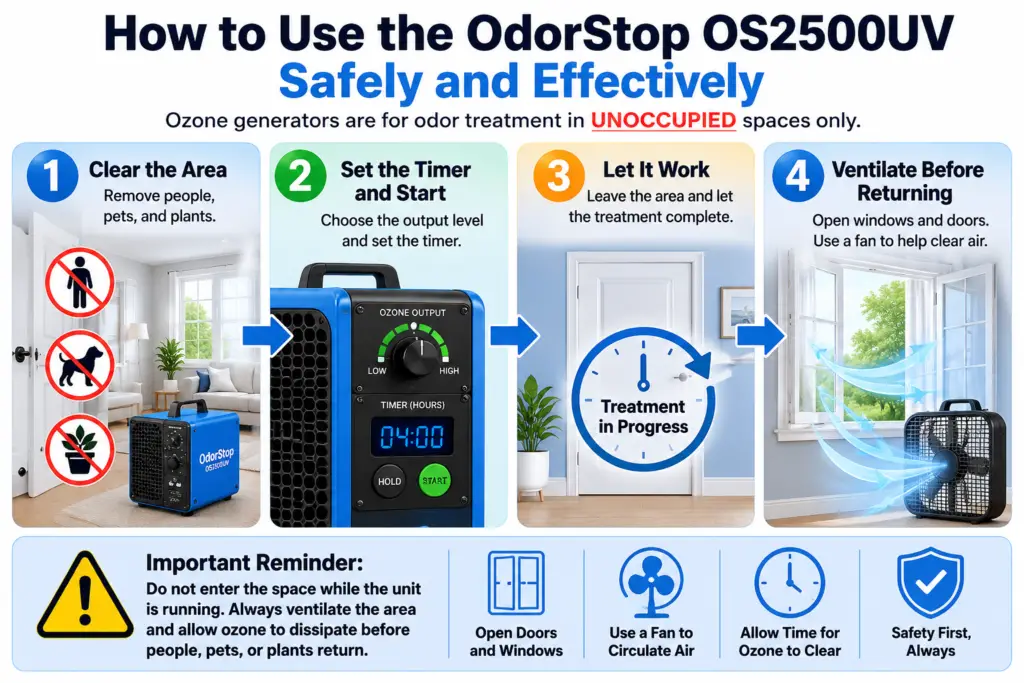 How to safely use the OdorStop OS2500UV ozone generator in an unoccupied room