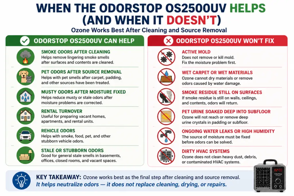 Infographic showing when the OdorStop OS2500UV can help remove odors and when ozone is not the right solution