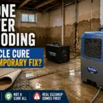 Ozone generator and dehumidifier in a flooded basement showing ozone treatment after water damage and flood cleanup