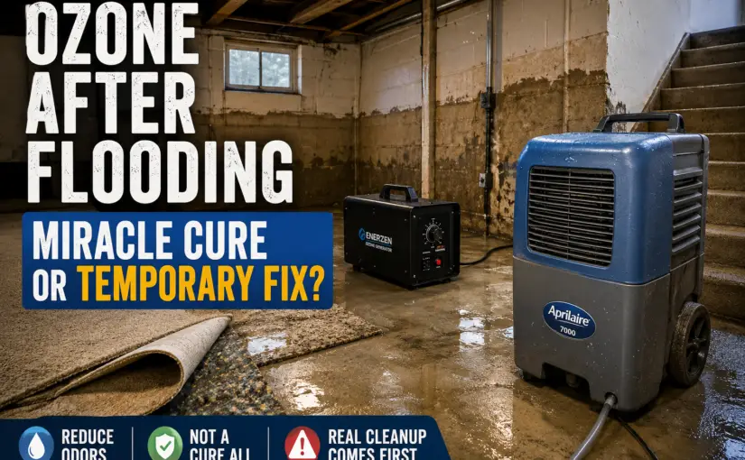 Ozone generator and dehumidifier in a flooded basement showing ozone treatment after water damage and flood cleanup