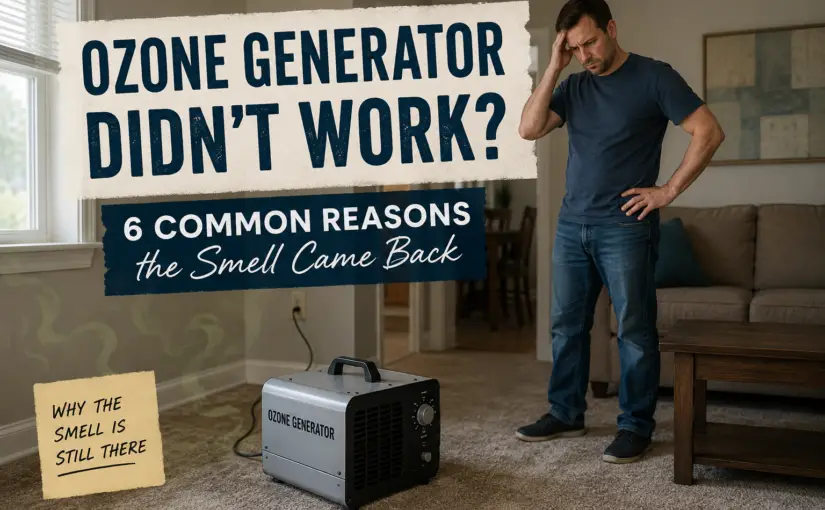Ozone generator in a living room with a homeowner wondering why odors returned after treatment, illustrating common reasons ozone treatments fail.