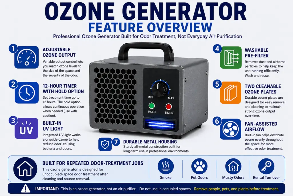 Infographic showing the main features of a typical ozone generator, including adjustable ozone output, 12-hour timer, built-in UV light, washable pre-filter, cleanable ozone plates, and fan-assisted airflow.